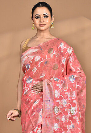 Woven Chanderi Silk Saree in Peach