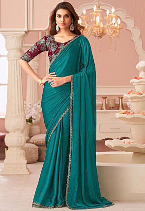Woven Satin Brasso Saree in Teal Green