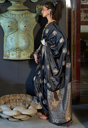 Woven Satin Saree in Black