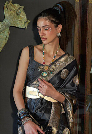 Woven Satin Saree in Black