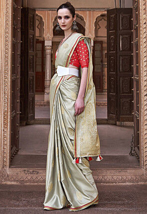 Woven Satin Saree in Dusty Green