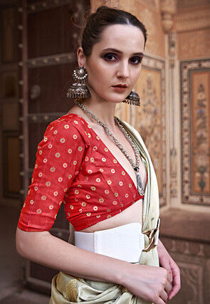 Woven Satin Saree in Dusty Green