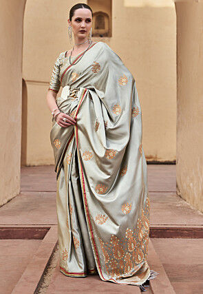 Woven Satin Saree in Grey