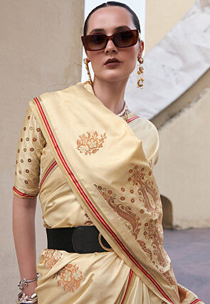 Woven Satin Saree in Light Beige