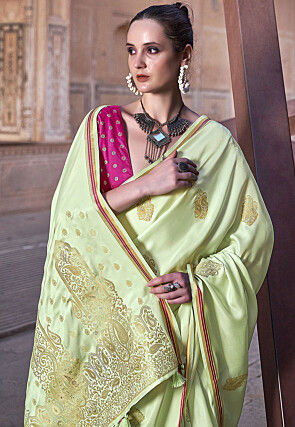 Woven Satin Saree in Light Green