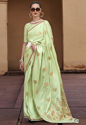 Woven Satin Saree in Light Green