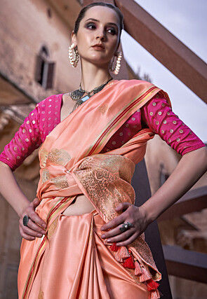 Woven Satin Saree in Peach