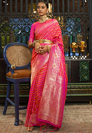 Woven Satin Saree in Pink and Orange