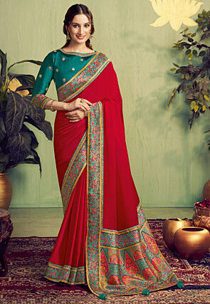 Woven Satin Silk Saree in Red
