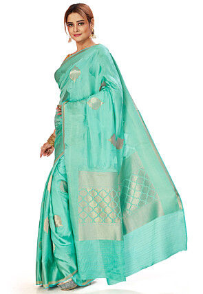 Woven Satin Saree in Sea Green