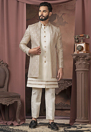 Woven Satin Sherwani in Cream and Beige