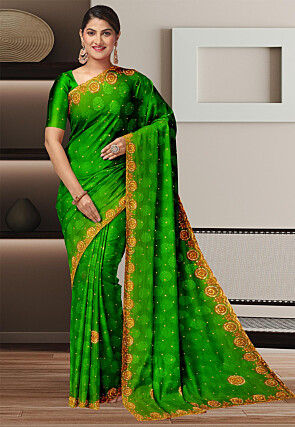 Woven Satin Silk Jacquard Saree in Green