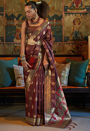 Woven Satin Silk Saree in Brown