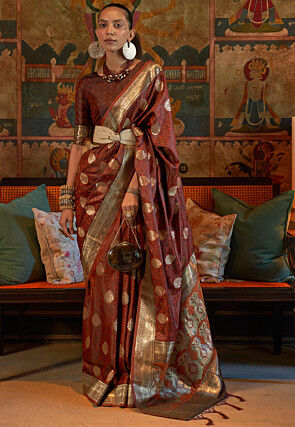 Woven Satin Silk Saree in Brown