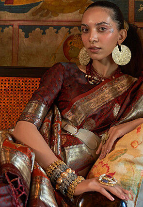 Woven Satin Silk Saree in Brown