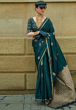 Woven Satin Silk Saree in Dark Teal Green