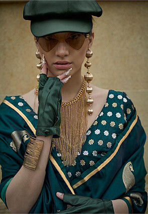 Woven Satin Silk Saree in Dark Teal Green