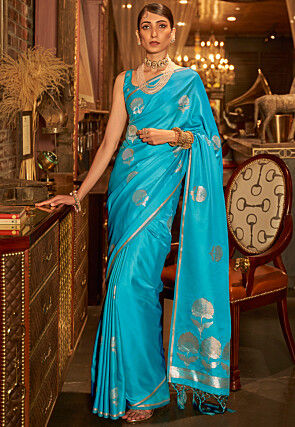 Woven Satin Silk Saree in Light Blue