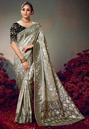 Woven Satin Silk Saree in Light Grey