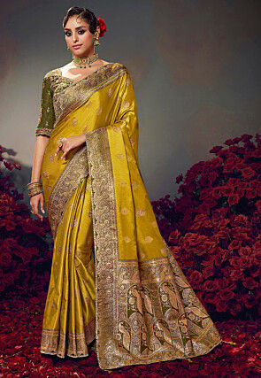 Woven Satin Silk Saree in Light Mustard