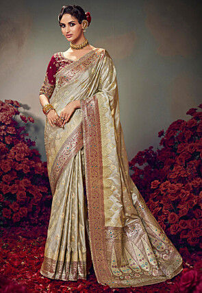Woven Satin Silk Saree in Off White
