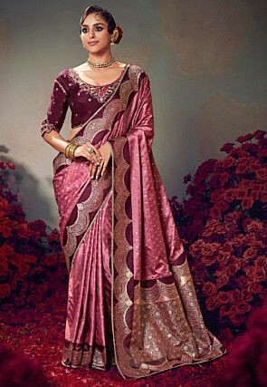 Woven Satin Silk Saree in Old Rose