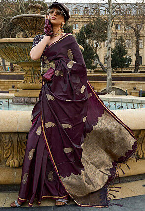 Woven Satin Silk Saree in Wine