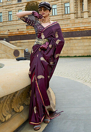 Woven Satin Silk Saree in Wine