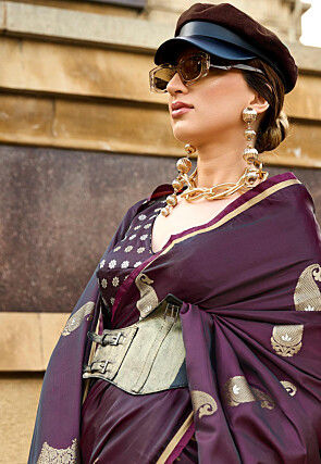 Woven Satin Silk Saree in Wine