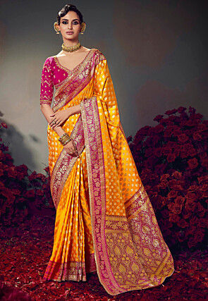 Woven Satin Silk Saree in Yellow
