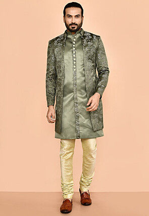 Woven Satin Silk Sherwani in Dusty Green