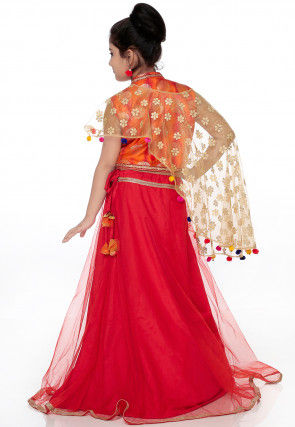 Woven Shimmer Net Lehenga in Red