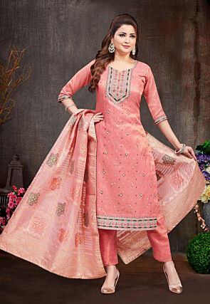 Woven Shimmer Silk Pakistani Suit in Peach