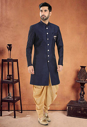 Woven Sleeve Art Silk Sherwani in Navy Blue