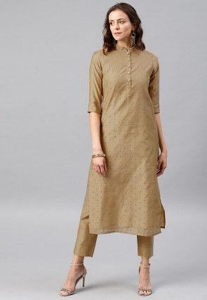 Woven Sleeve Chanderi Silk Straight Kurta in Beige
