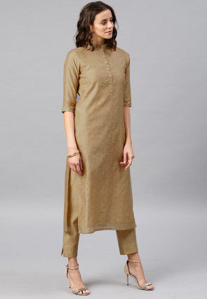 Woven Sleeve Chanderi Silk Straight Kurta in Beige