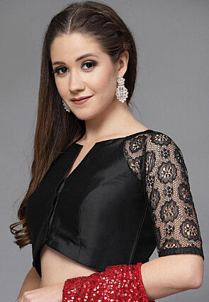 Woven Sleeves Taffeta Silk and Net Blouse in Black