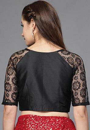 Woven Sleeves Taffeta Silk and Net Blouse in Black