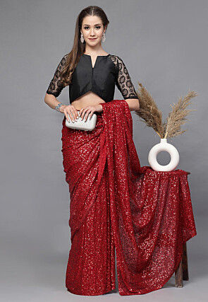 Woven Sleeves Taffeta Silk and Net Blouse in Black