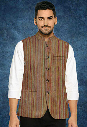 Woven South Cotton Nehru Jacket in Brown