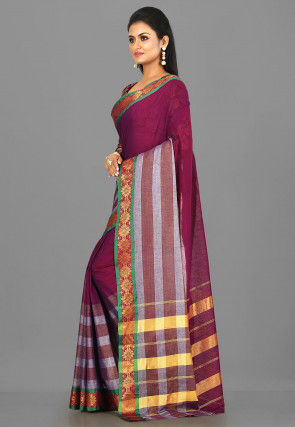 Woven South Cotton Saree in Blue and Red