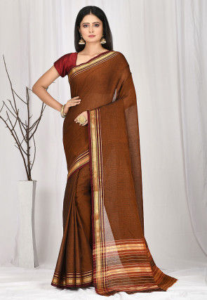 Woven South Cotton Saree in Brown