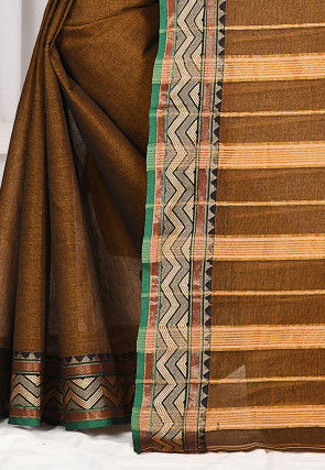 Woven South Cotton Saree in Dark Beige