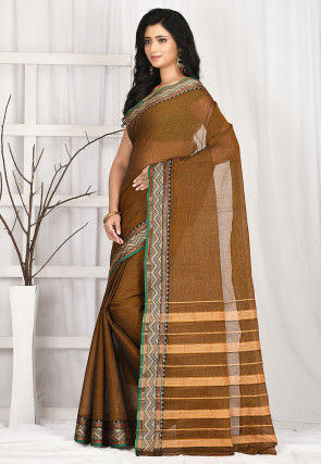 Woven South Cotton Saree in Dark Beige