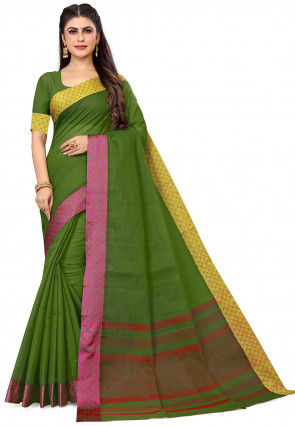 Woven South Cotton Saree in Dark Olive Green