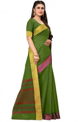 Woven South Cotton Saree in Dark Olive Green