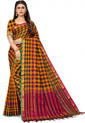 Woven South Cotton Saree in Light Orange and Black