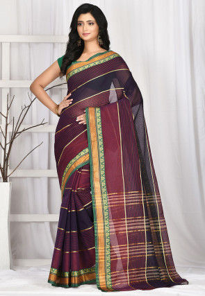 Woven South Cotton Saree in Maroon and Navy Blue
