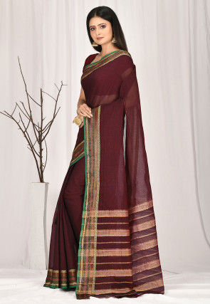 Woven South Cotton Saree in Maroon