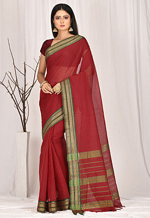 Woven South Cotton Saree in Maroon